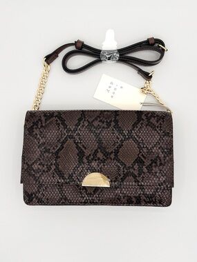 A NEW DAY Small Snakeskin‎ Crossbody Bag OS Brown Gold Chain Flap Top New